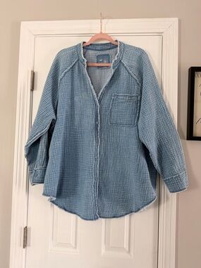 aerie Light Wash Blue Gauze Button-Up
